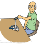 わなげで作業療法する片麻痺の高齢者男性のリハビリイラスト