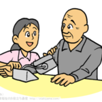 血圧計で血圧測定バイタルチェックするフリー素材イラスト画像
