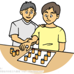 作業療法士（OT）がペグを使って巧緻動作リハビリするイラスト