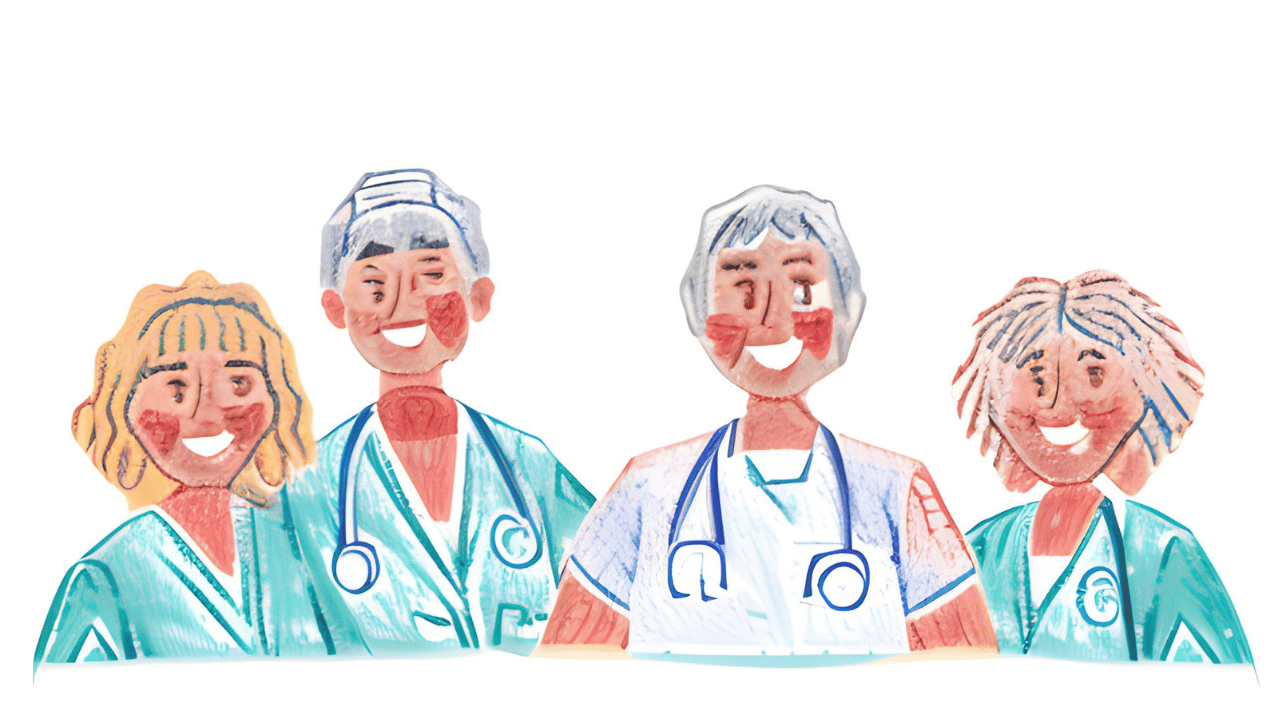 笑顔の4人の医療従事者のイラスト・フリー素材