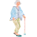 杖で歩く高齢者の女性のフリー素材イラスト　2カット