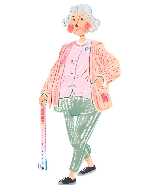 杖で歩く高齢者の女性のフリー素材イラスト