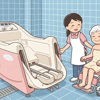 【フリー素材】チェア浴（車椅子のまま浴槽に入る入浴設備）で入浴する高齢者と介助者のイラスト