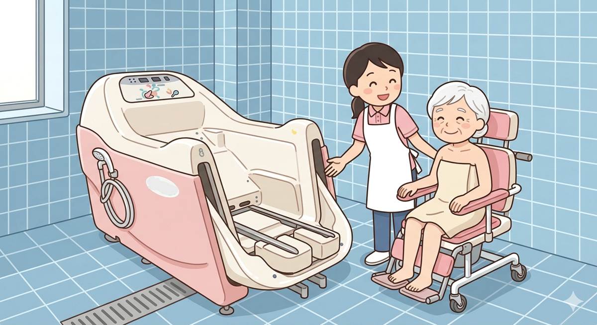 【フリー素材】チェア浴（車椅子のまま浴槽に入る入浴設備）で入浴する高齢者と介助者のイラスト