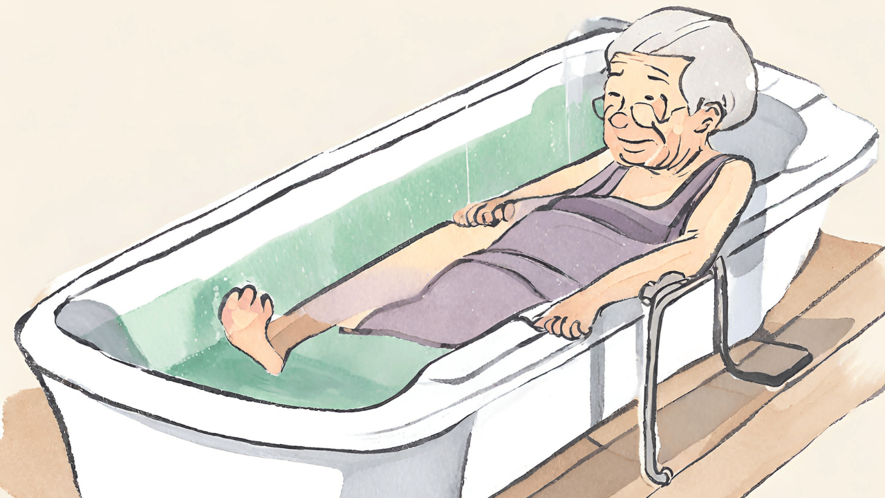 お風呂に入って入浴して気持ちよさそうなおじいちゃんのイラスト