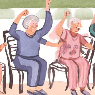 椅子に座って背伸びの集団体操する高齢者たちのイラスト