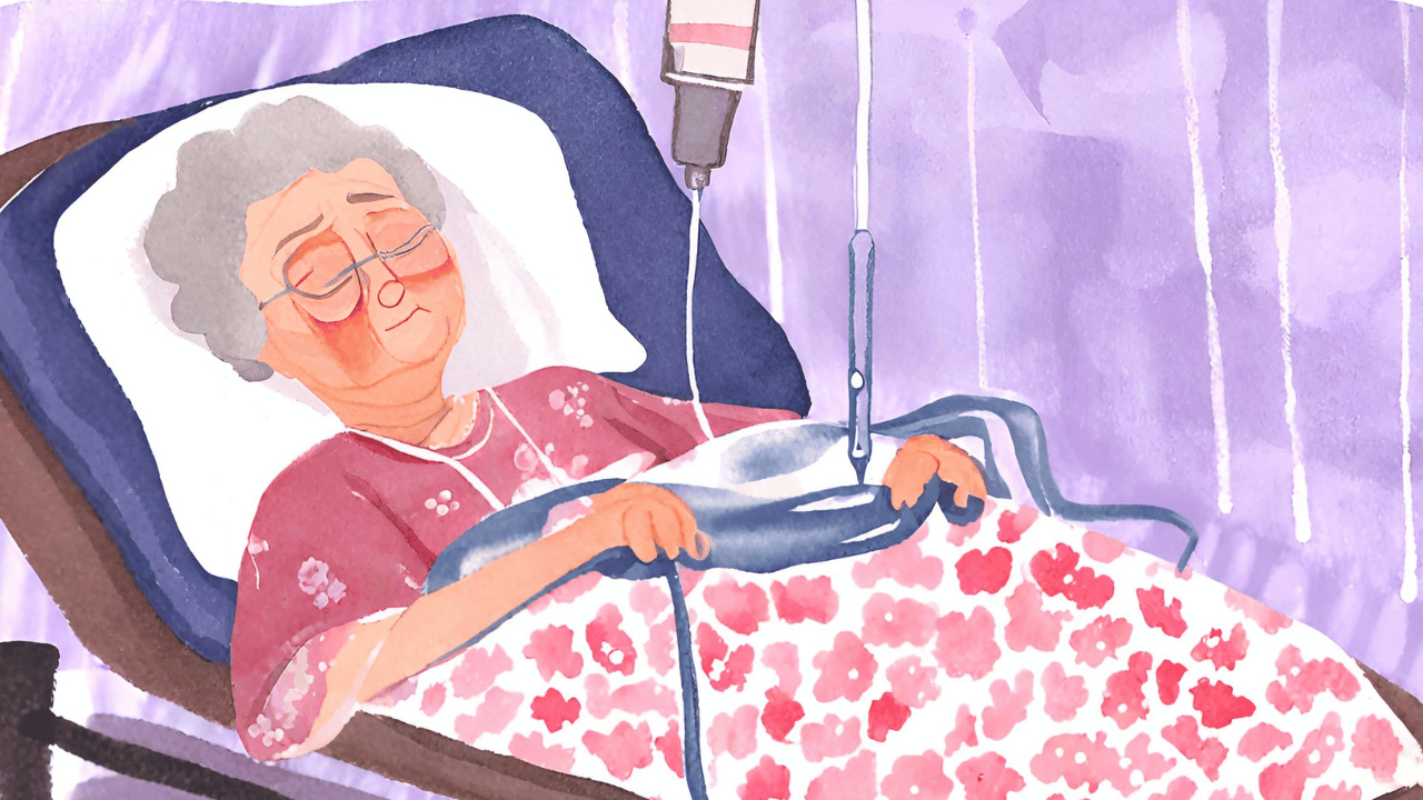 点滴を繋がれて病院のベッドで寝ているおばあちゃんのイラスト