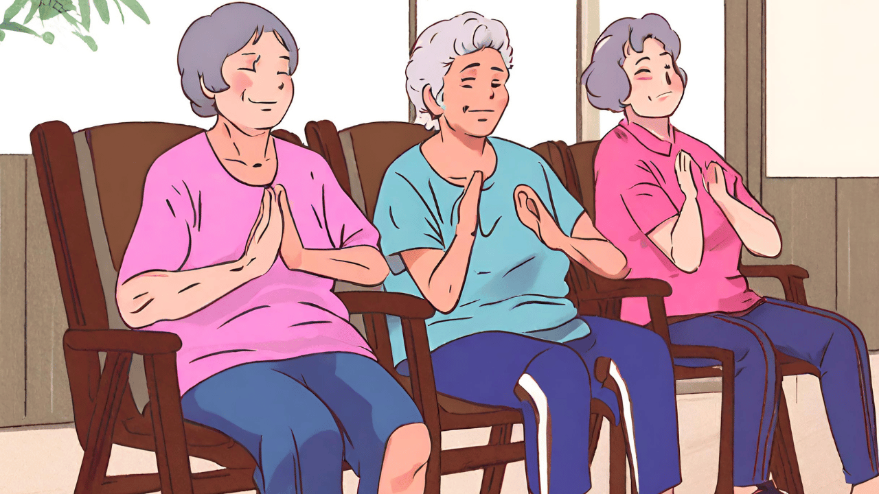 椅子に座って集団体操する高齢者たちのイラスト(マンガ調)