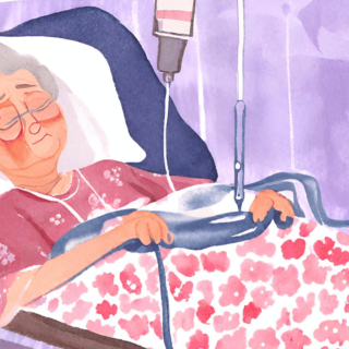 点滴を繋がれて病院のベッドで寝ているおばあちゃんのイラスト