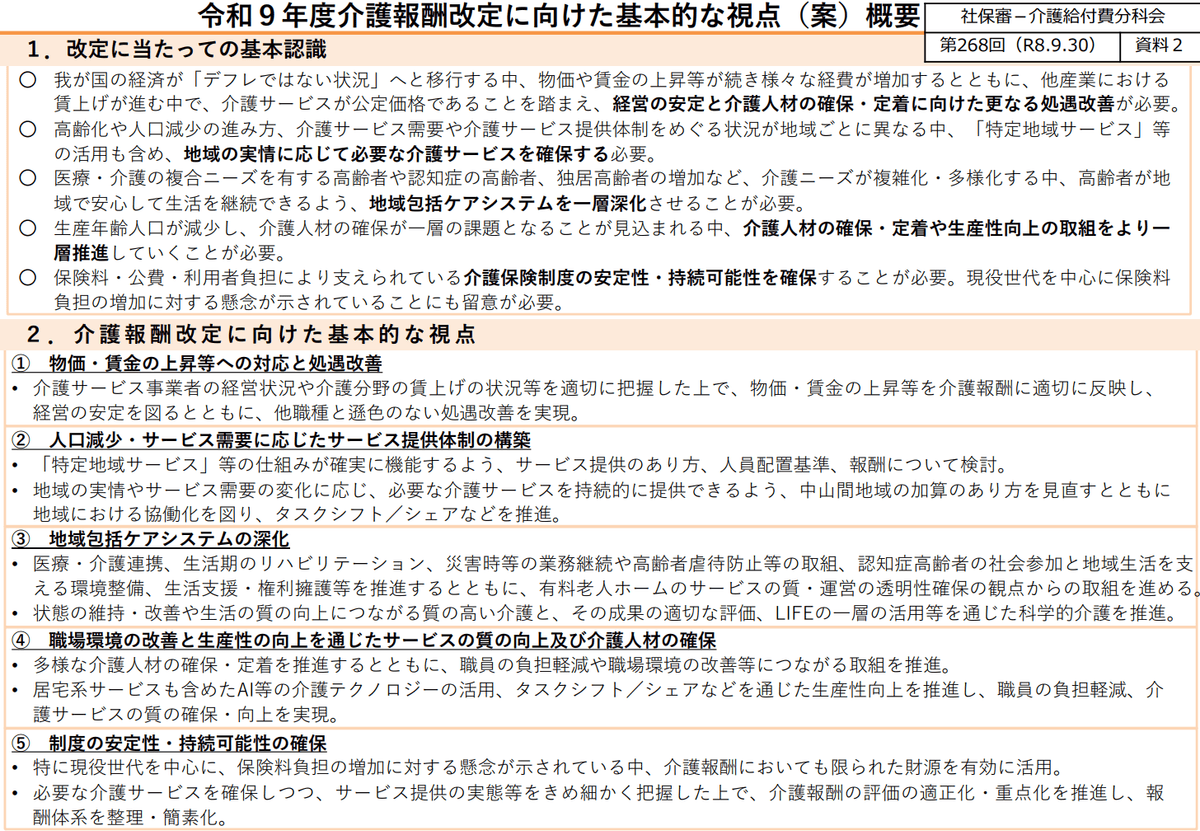 第268回社会保障審議会介護給付費分科会　令和９年度介護報酬改定に向けた基本的な視点（案）概要PDF