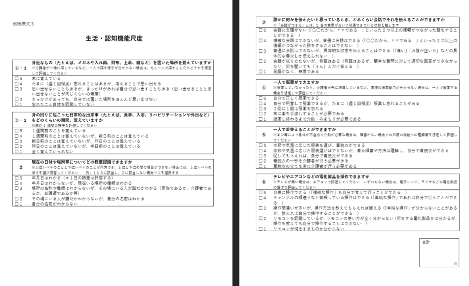 厚生労働省の公開している「生活・認知機能尺度（別紙洋式３）」