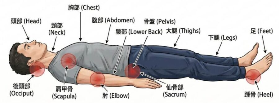 仰臥位で褥瘡が起こりやすい部位(褥瘡好発部位)