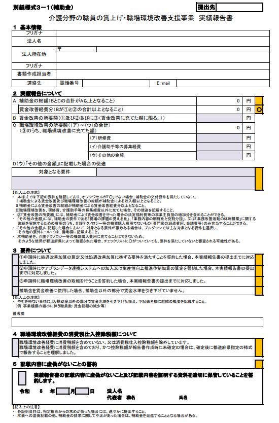 別紙様式３－１（補助金）　介護分野の職員の賃上げ・職場環境改善支援事業 実績報告書