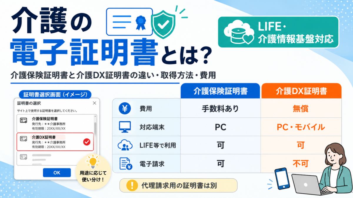 介護の電子証明書とは?介護保険証明書と介護DX証明書の違い・取得方法・費用【LIFE・介護情報基盤対応】