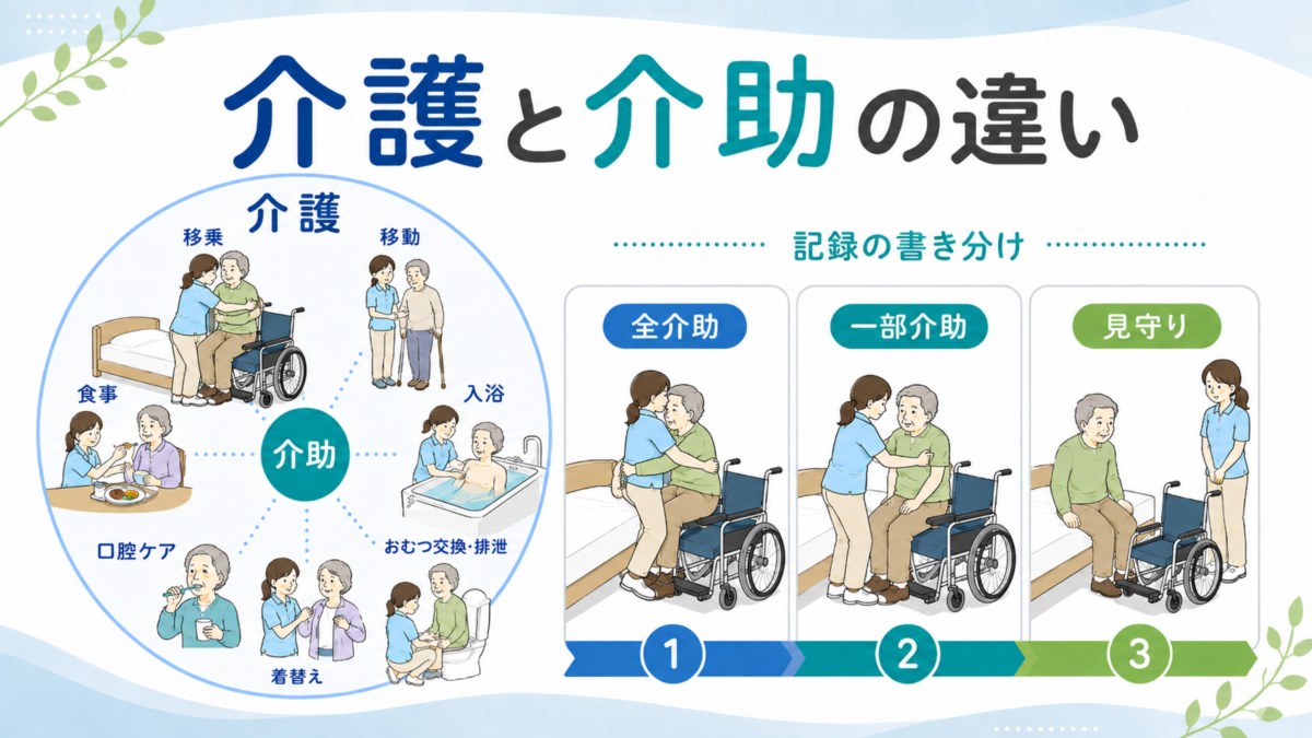 介護と介助の違いとは?全介助・一部介助・見守りの区分と記録での書き分け【例文つき】